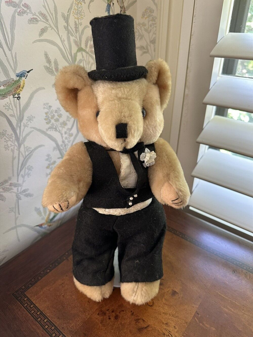 Collectibles Brown Plush Bear Vest and Black Hat Vintage With Stand